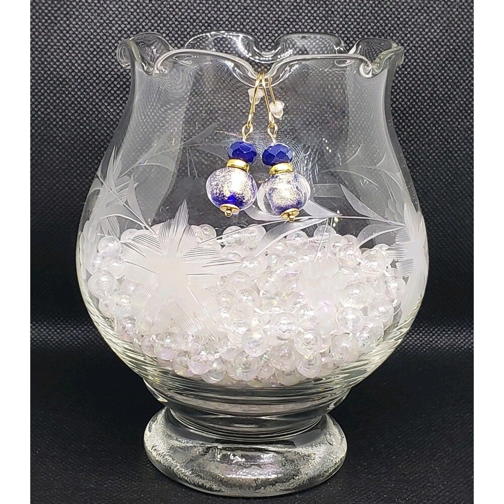 Handmade Glass Bubble Bead Blue Gold Coustume Dangle Earring Women Jewelry.....
